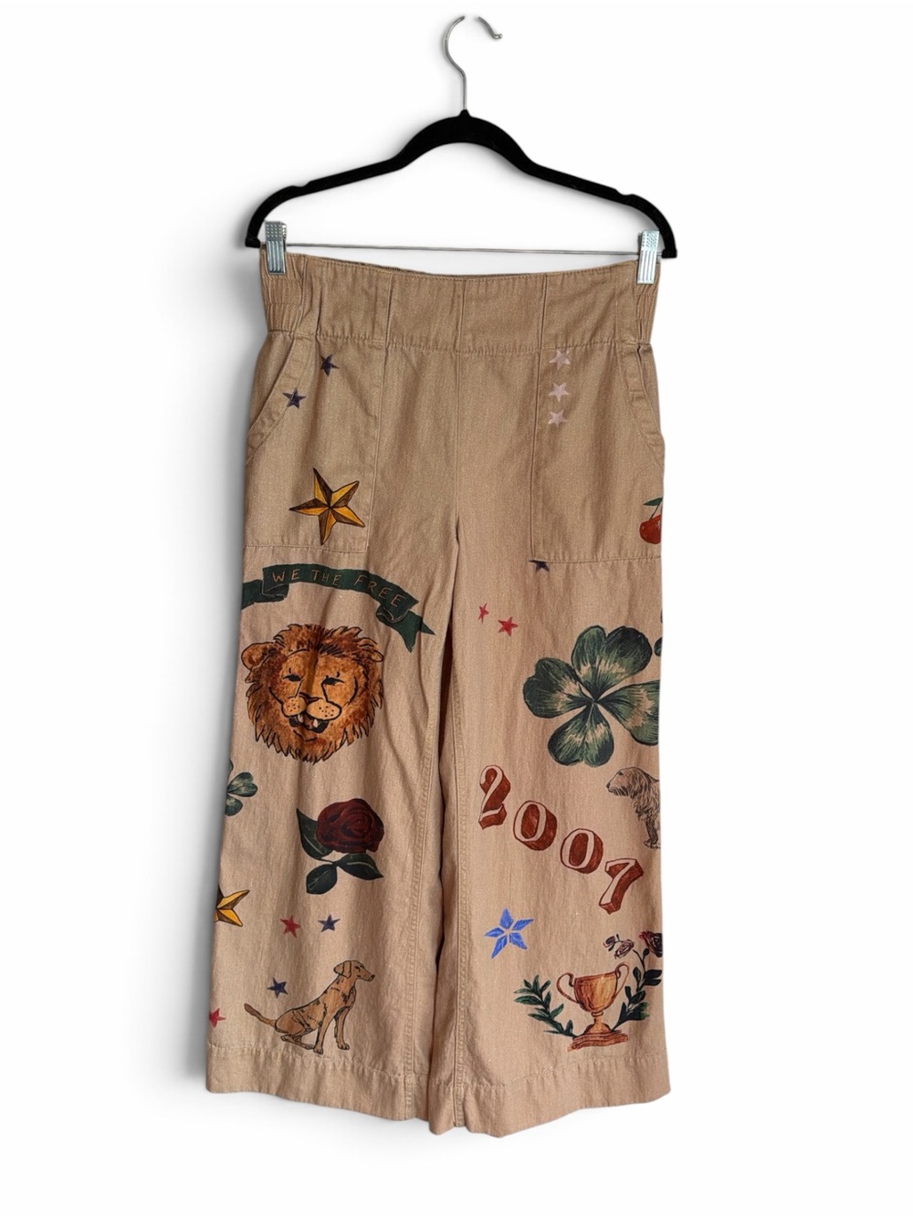 We The Free Breezy Printed Denim Pull On Jeans Size Medium Khaki Combo Pockets - Picture 3 of 16